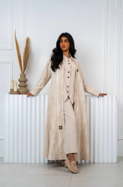 Linen Jacquard Abaya Beige IB236