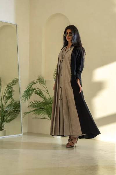 Black Blazer Abaya with Beige Stripe IB218 Striped beige